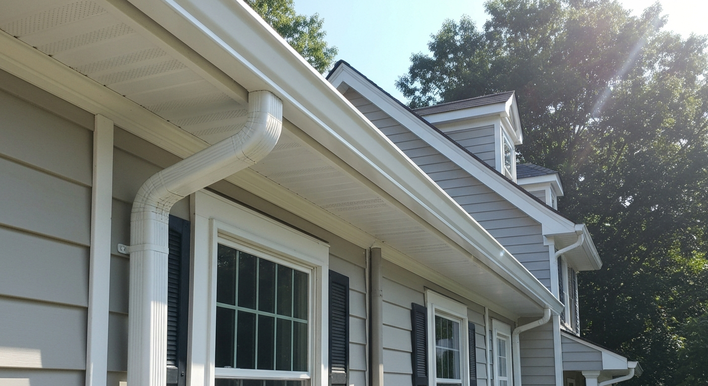 New seamless white K-style aluminum gutters on a Northern Virginia home